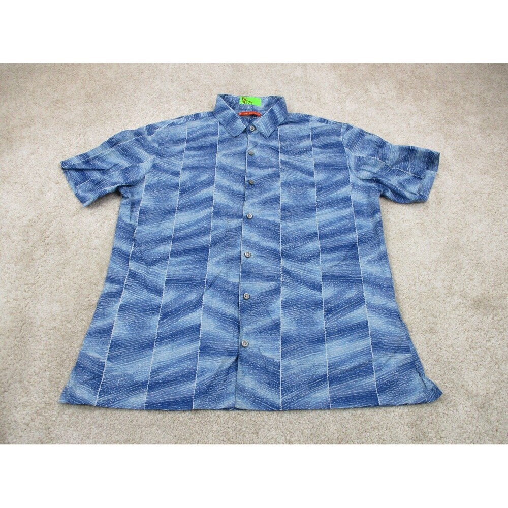 Tori Richard Shirt Men Large Blue Graphic Print Cotton Hawaiian Casual Button Up